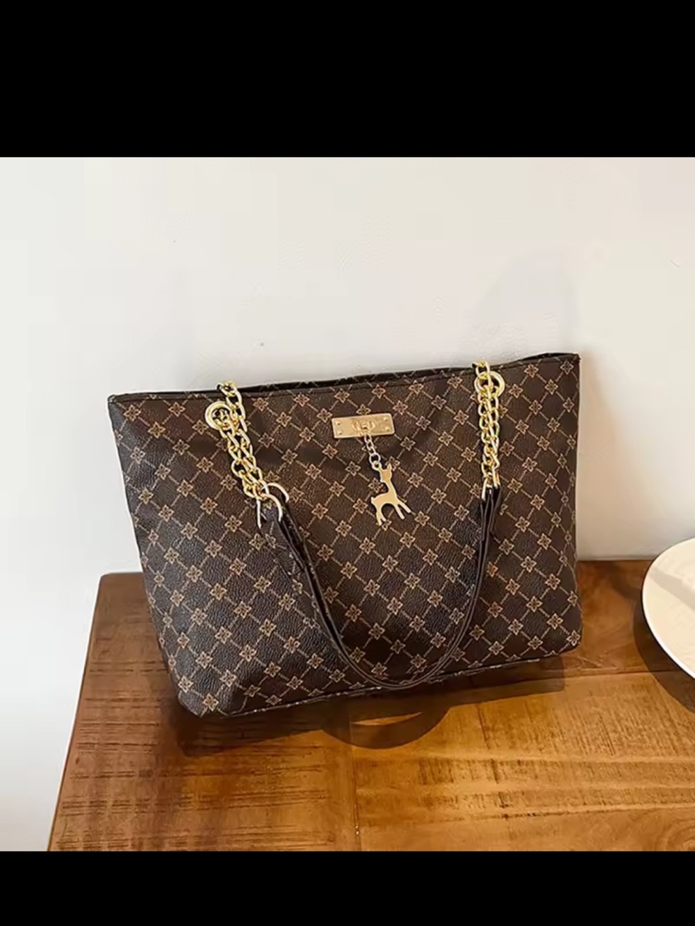 Brown Patterned Chain-Handle Tote Bag